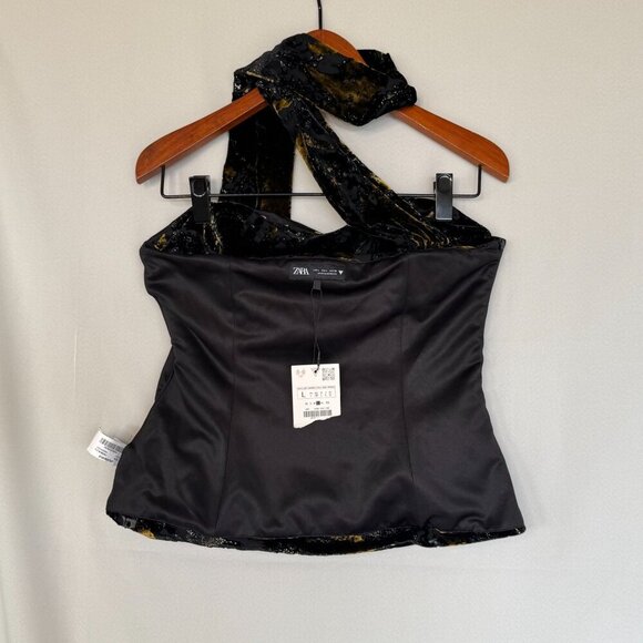 Zara Scarf Corset Black Gold Velvet Foulard Strapless Going Out Top Size Large - Picture 5 of 15